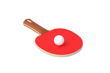 Ping pong paddle with ball isolated on white background. Game for leisure. Sport equipment. International competition. Table tennis. 3d render