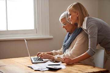 Lets just add that up..... Cropped view of a senior woman receiving help with her finances from her...