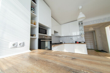 wooden table on the background of the kitchen
