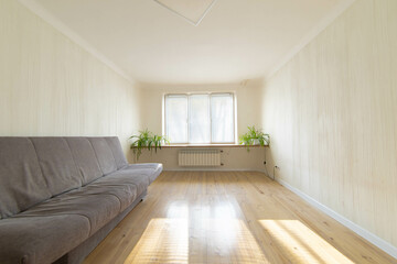 Fototapeta na wymiar living room interior with wooden floor and gray sofa.