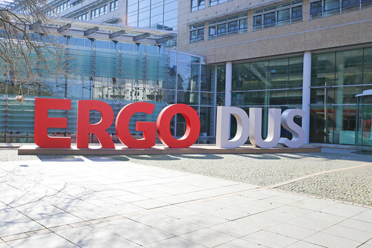 D&uuml;sseldorf, Germany - March 21. 2022: View on logo lettering of ergo insurance group at entrance of german headquarter