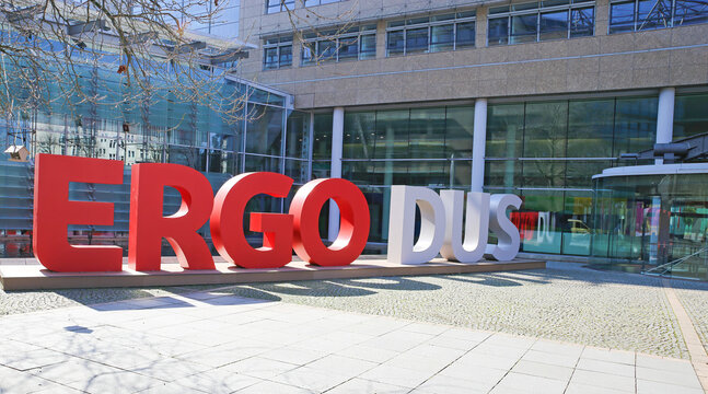D&uuml;sseldorf, Germany - March 21. 2022: View on logo lettering of ergo insurance group at entrance of german headquarter