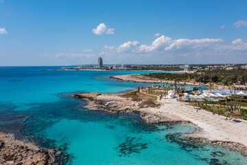 Nissi Beach in Ayia Napa, clean aerial photo of famous tourist beach in Cyprus, the place is a...