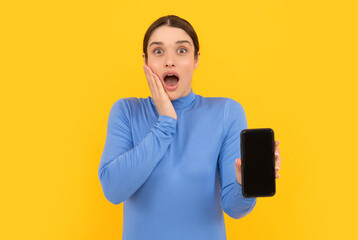 amazed lady working online. businesswoman show screen, copy space. agile business blogging.
