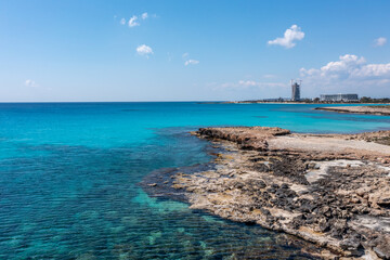 Nissi Beach in Ayia Napa, clean aerial photo of famous tourist beach in Cyprus, the place is a...