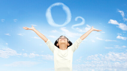 science kid happy fresh air on clear sky with cloud as ozone symbol