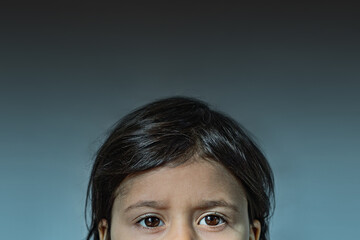 Eyes of a Ukrainian girl on a cold background, copyspace