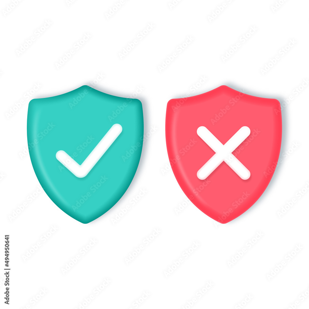 Poster shield with checkmark and cross 3d.