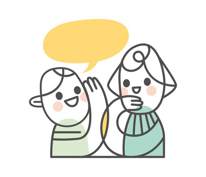 Illustration deux personnes jeunes,enfants, adolescents,bulle de conversation,bavarder,amiti&eacute;,sourire,raconter une blague,rumeur,secret,confidence,mignon,dessin traits lignes courbes, moderne