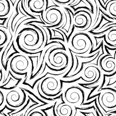 Seamless vector pattern of black spirals and corners on a white background .Abstract monochrome seamless pattern of broken lines and spirals.