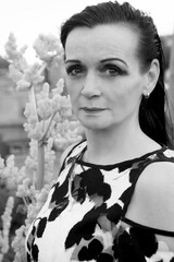 portrait of a beautiful woman in her 50s. black and white photo