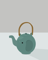 Vector flat image of a small teapot. Teapot in the form of an elephant in dark color with a beige handle. Design for postcards, posters, backgrounds, templates, textiles.