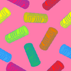 Foam Roller for the body. Massage and stretching. Gym. Equipment. Fitness routine. Active lifestyle. Digital illustration. Endless repeatable pattern. Seamless. High resolution. Vector EPS10 and IPG