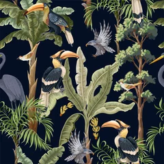 Tapeten Seamless pattern with jungle trees and tropical birds. Vector. © Yumeee