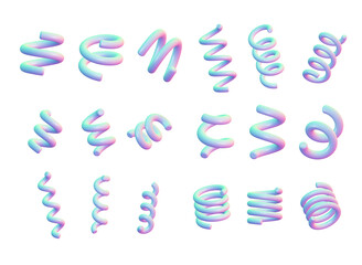 Set of different types of spirals. 3d multicolored geometric objects of helix isolated on white background.