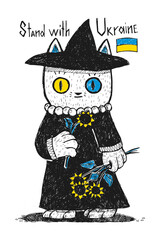 Vector illustration with a white cat with blue and yellow eyes, holding sunflowers. 