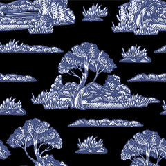 Seamless pattern with graphic trees, bushes and plants. .Etching style print.