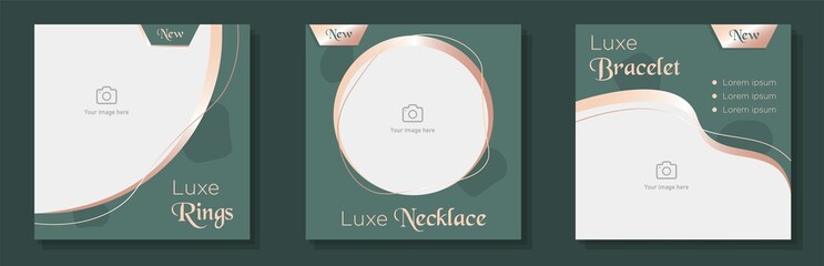 Women's fashion jewelry social media post, banner set, luxe jewelry shop advertisement concept, rings, necklace marketing square ad, abstract print, isolated on background - obrazy, fototapety, plakaty