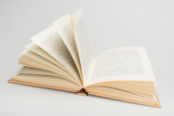 open book with text on light grey background.