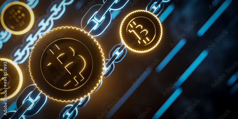 Poster 3d rendering cryptocurrency and blockchain technology illustration.