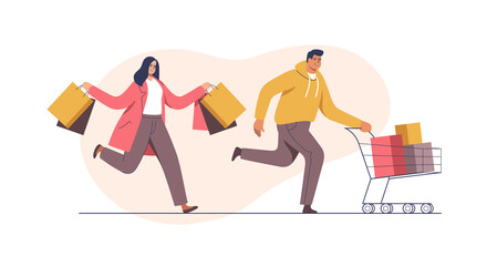 Shopping, seasonal sale, discount coupon. Man with trolley full of purchases and woman with packages. Vector illustration.