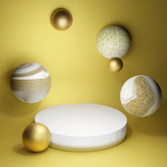 3d render illustration abstract sphere shape background with gold texture podium template for presentation