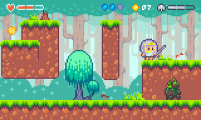 Forest location for a pixel platformer. Mockup includes tileset, seamless parallax background and sprites. The resolution of objects is 16x16 pixels.