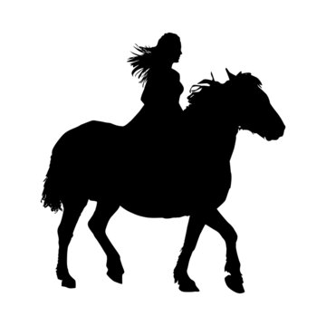 recommend clip art: Girl on horse silhouette isolated on white background. Rider on horse. Relaxation horse riding walk. Walk on horseback. Care for pet, stallion or mare. Stock vector illustration