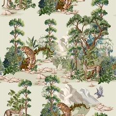 Seamless pattern with jungle and animals. Vector interior print.
