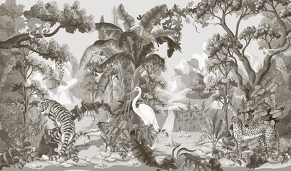 Jungle landscape with animals. Monochrome interior vector print.
