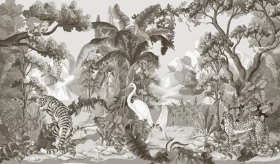  Jungle landscape with animals. Monochrome interior vector print. © Yumeee