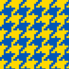 Classic houndstooth check plaid seamless pattern. Geometric checkered background colored in blue and yellow national Ukraine flag colors. Fabric, textile, wrapping paper design. Vector illustration.