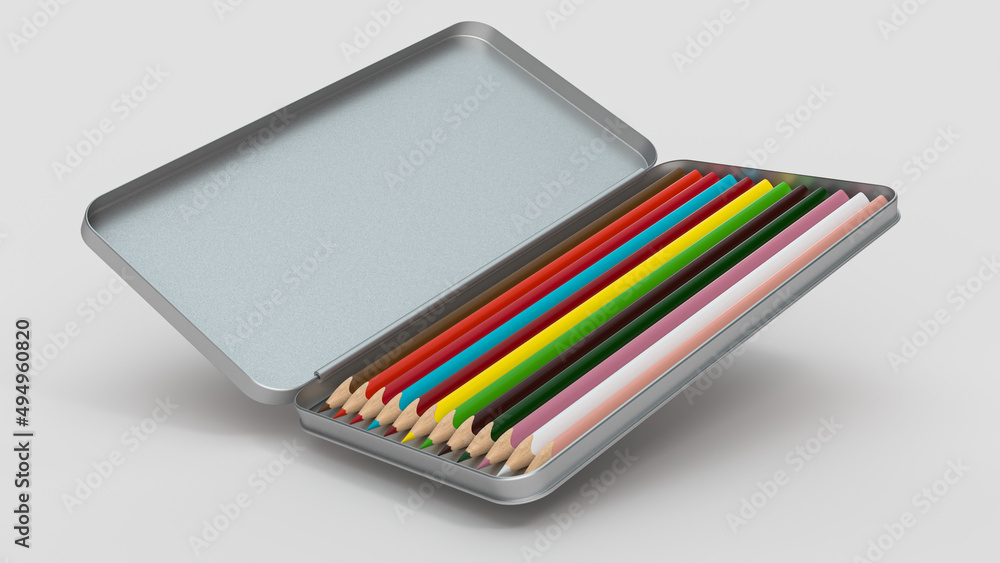 Aufkleber 3d rendering of a row of pencils in rainbow colors in open silver box isolated on white background
