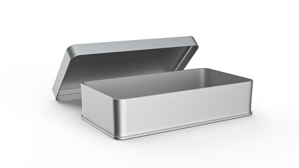3D rendering of a rectangle blank silver box for pencil or stationery isolated on a white background