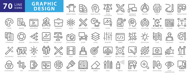 Set of thin line icons of graphic design. Simple linear icons in a modern style flat, Creative Process. Graphic design, creative package, stationary, software and more - obrazy, fototapety, plakaty