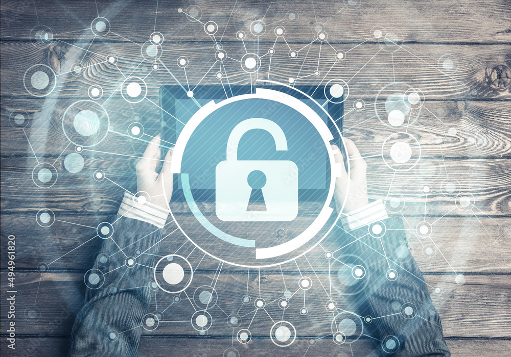Poster concept of computer access with media lock icon on tablet screen
