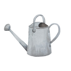 old metal watering can, watercolor illustration, garden tools, on a white background.