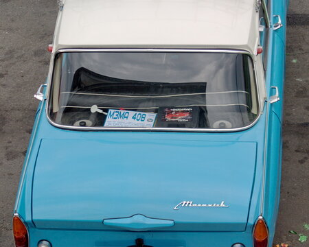 Saint Petersburg, Russia - August 25, 2018: Parade of old cars to the 40th anniversary of the newspaper Arguments and facts . Moskvich 408. The view from the top-rear.