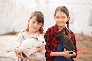 Portrait of two girls with rabbits