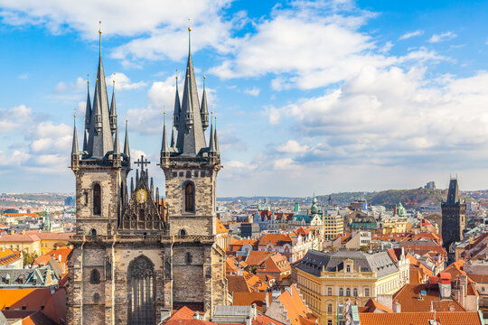 Panoramic view of Prague city with Tyn Church