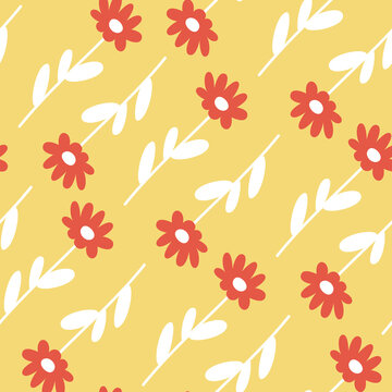 Spring Vector Red Flowers On A Yellow Background. Seamless Floral Pattern For Fabric.