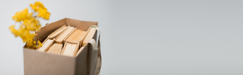 books in shopping bag and blurred yellow flowers isolated on grey, banner.