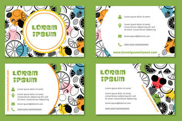 Vector banners of summer fruits with seamless pattern. Design for juices, ice cream, natural cosmetics, sweets and pastries with fruit filling, dessert menu, health products. With place for text. - 494965005