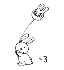 ゆるかわいいデフォルメうさぎの線画イラスト　凧揚げ　正月の遊び