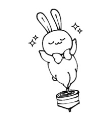 ゆるかわいいデフォルメうさぎの線画イラスト　独楽（コマ回し）