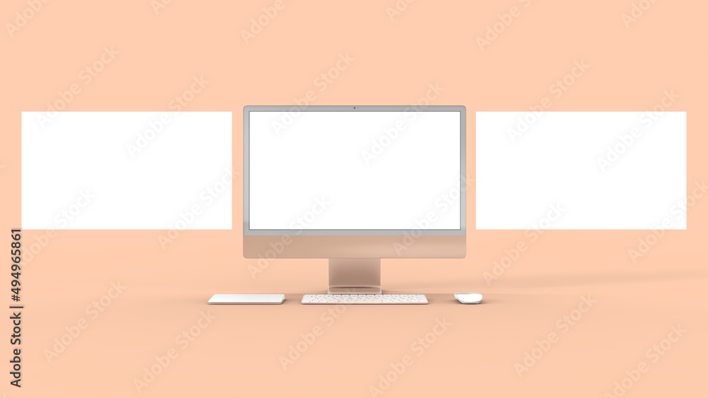 Fototapete computer display . desktop computer three screen isolated. modern creative workspace background