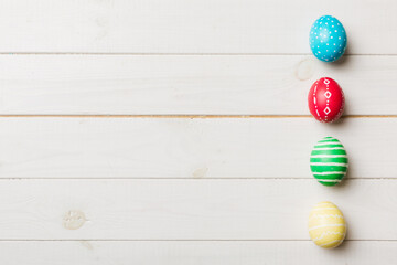 holiday preparation Multi colors Easter eggs on colored background . Pastel color Easter eggs. holiday concept with copy space