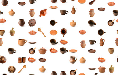 Seamless pattern from various ceramic products isolated on white