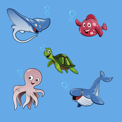 set of cute sea animals on a blue background for kids