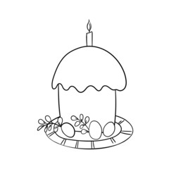 Easter cake isolated on white background. Hand drawn Happy Easter symbol. Paschal cake with candle on plate. Holiday sweet food. Doodle style. Coloring book. Vector stock illustration